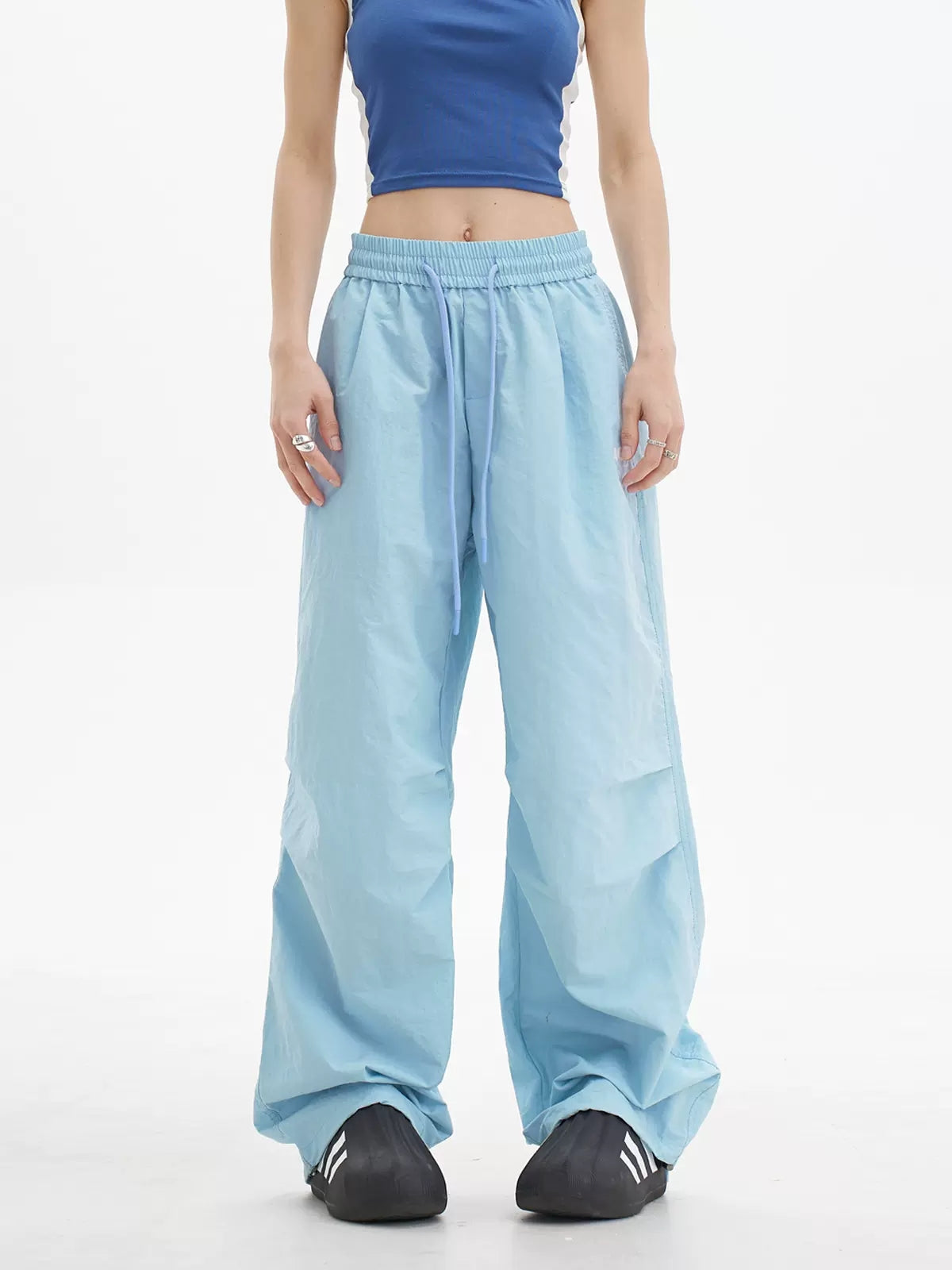 Blue Loose Casual Wide Leg Drawstring Pants