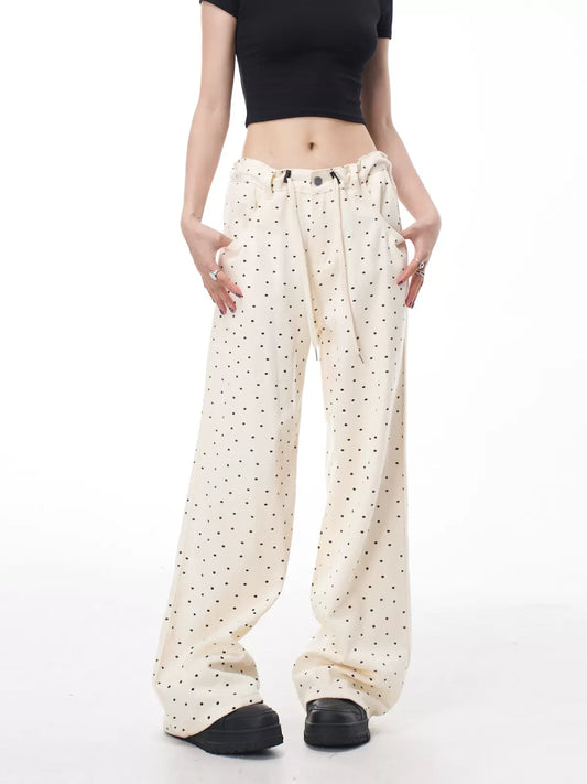 Black Floral Polka Dot Drawstring Loose Fit Jeans
