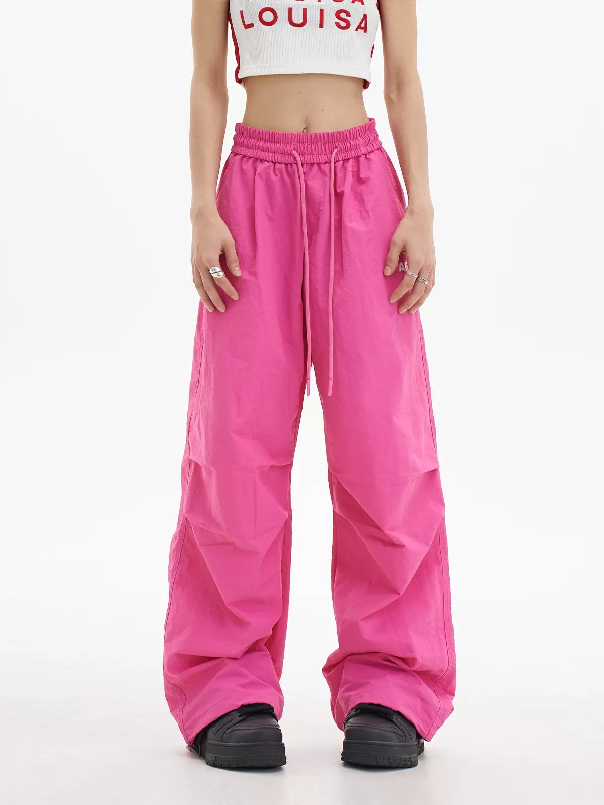 Loose High Waist Elasticized Drawstring Casual Pants Rose Red