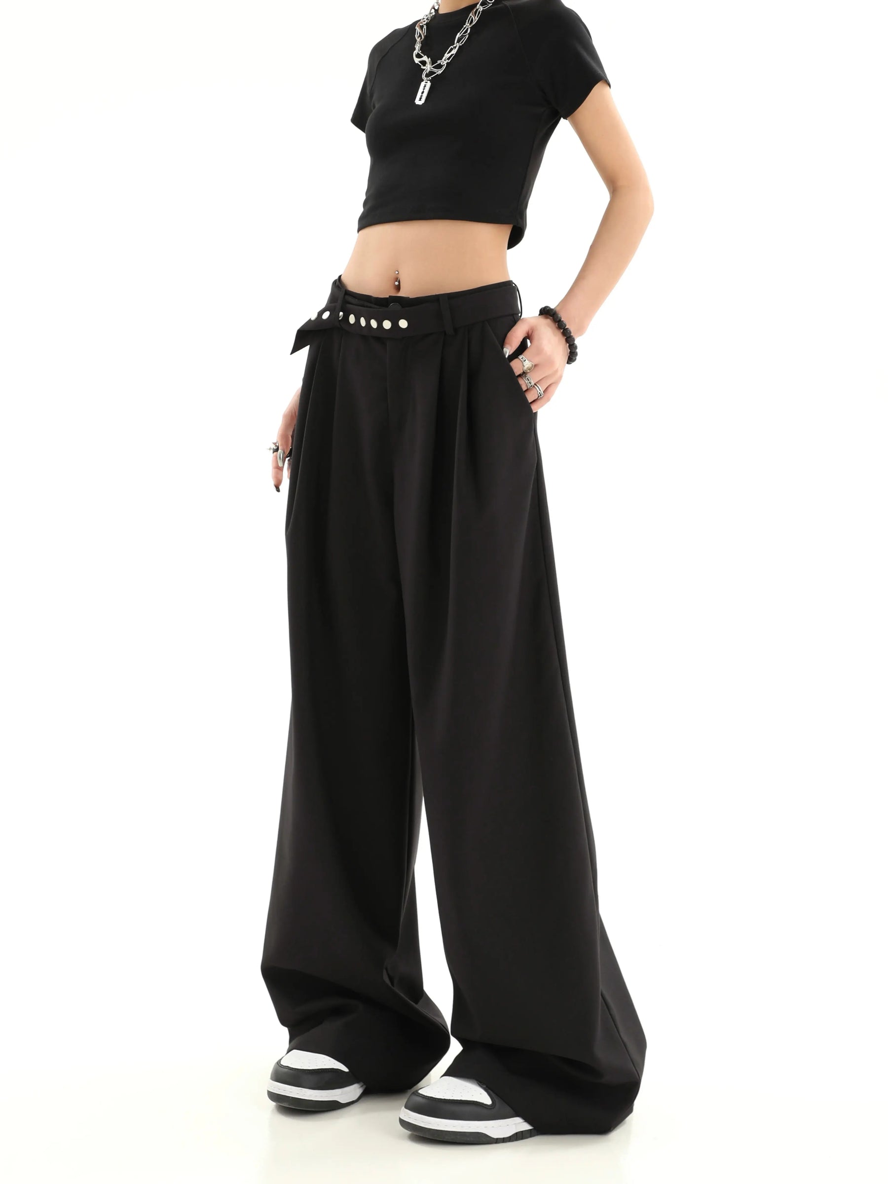 Solid Color Casual Loose High Waist Suit Pants