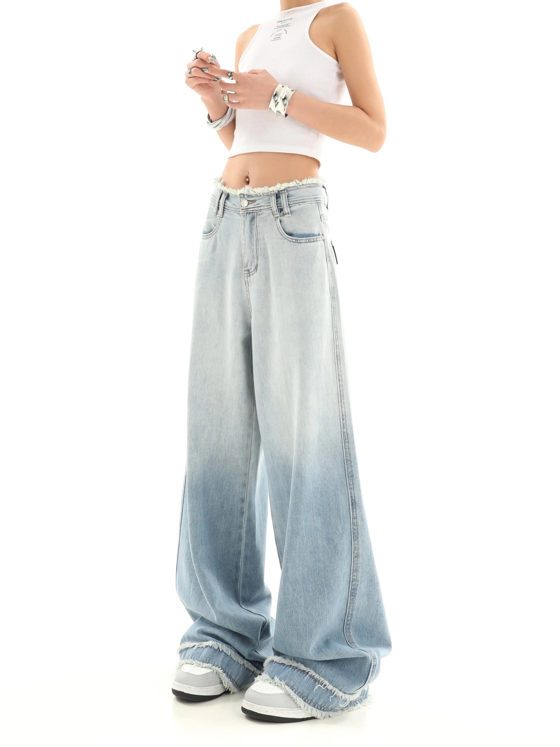 Vintage Loose Fit Gradient Color Raw Hem Jeans