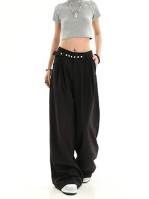 Solid Color Casual Loose High Waist Suit Pants