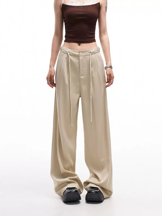 Khaki Loose Fit High Waist Drawstring Suit Pants