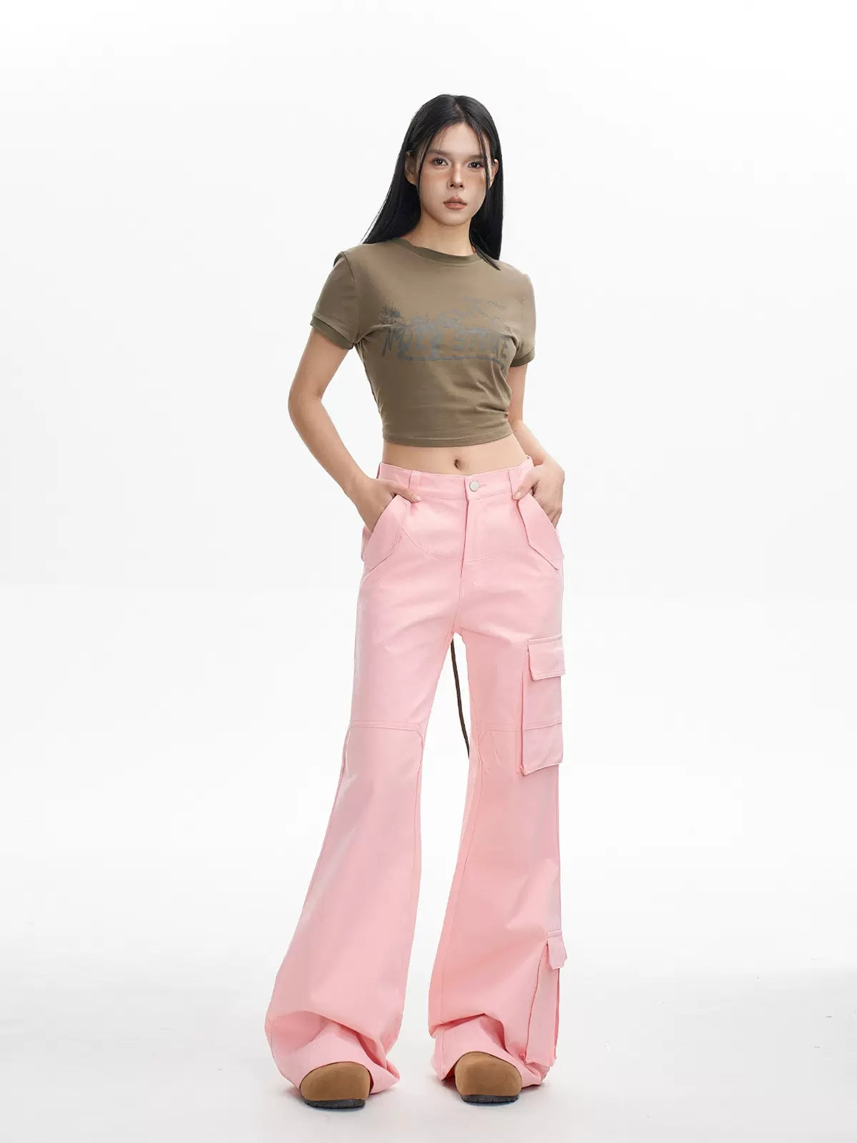 Vintage Casual Solid Color Low Rise Cargo Pants