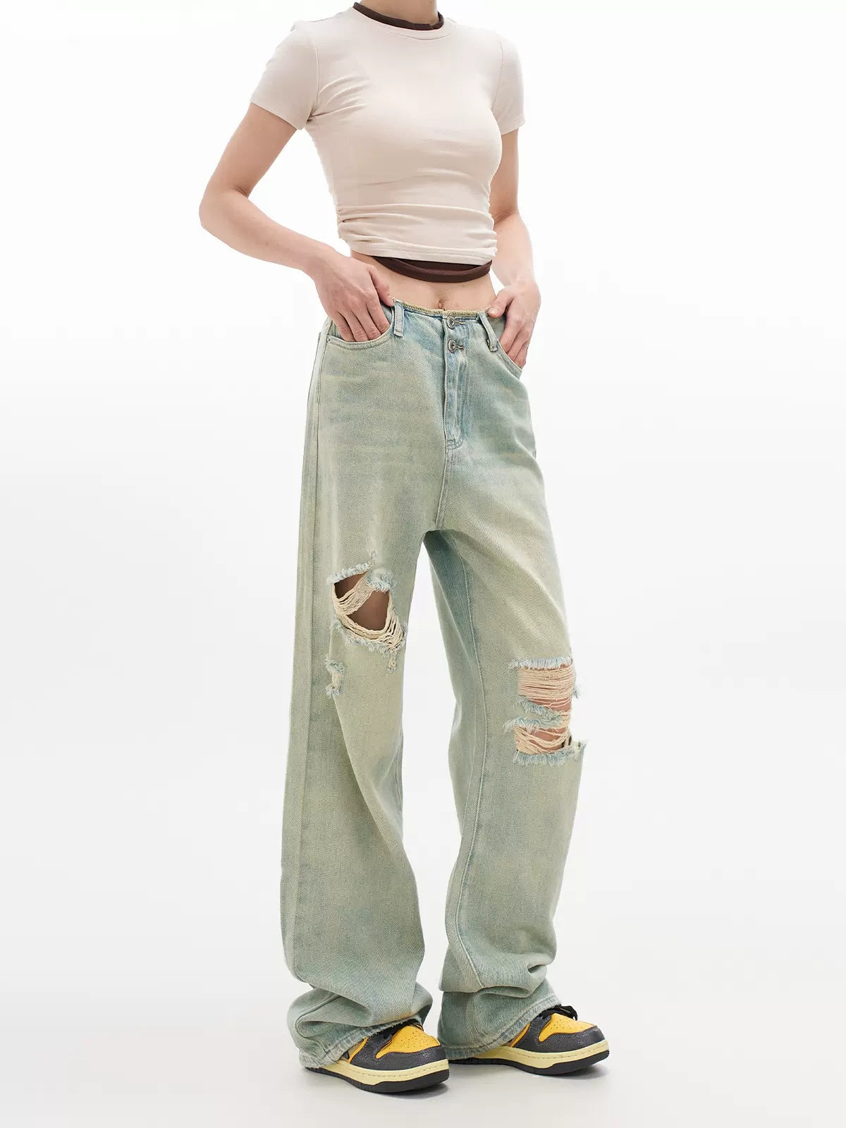 Vintage Light Color Loose Fit Ripped Denim Jeans