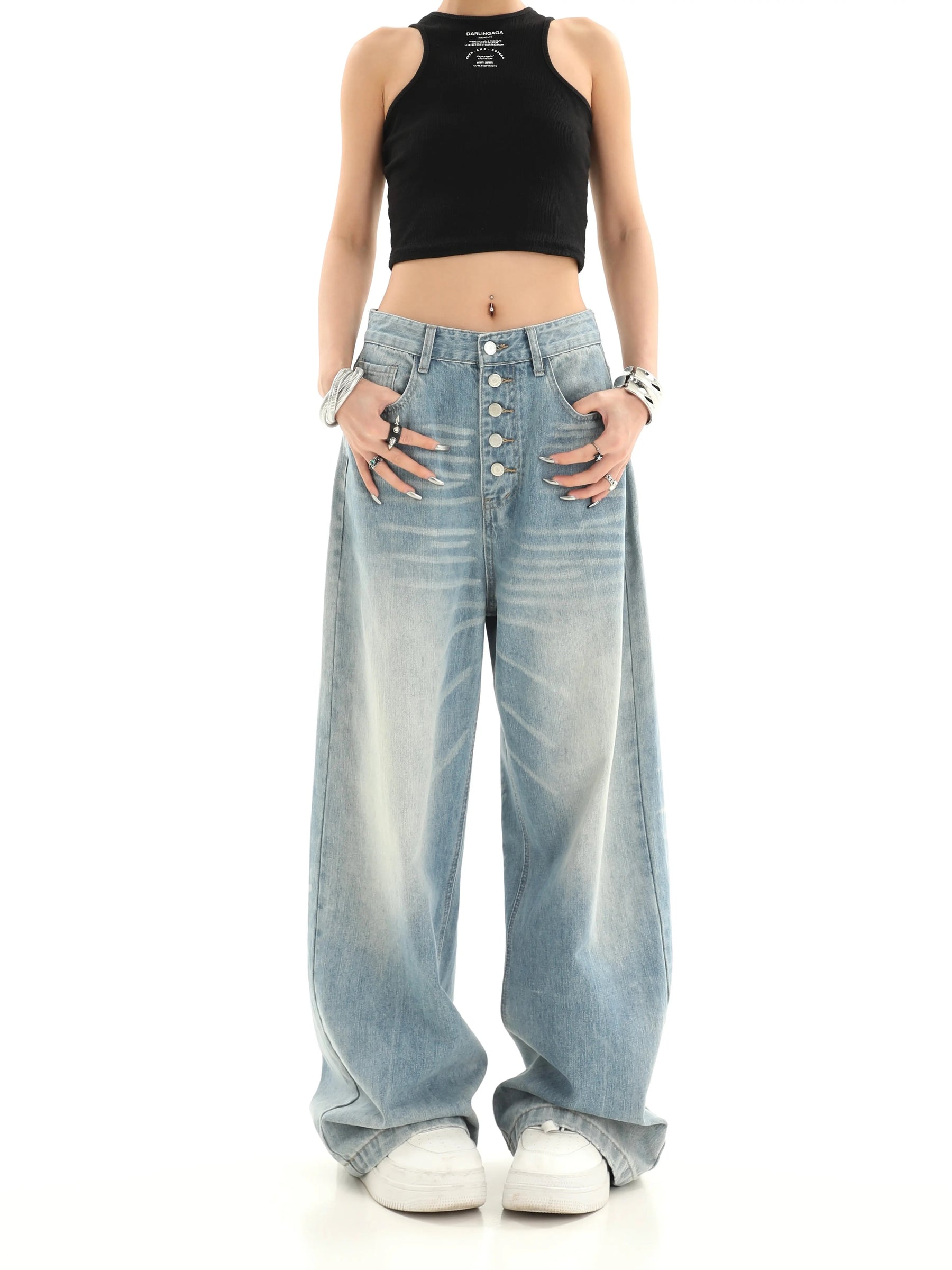 Multi-Row Button High Waist Loose Light Color Denim Jeans