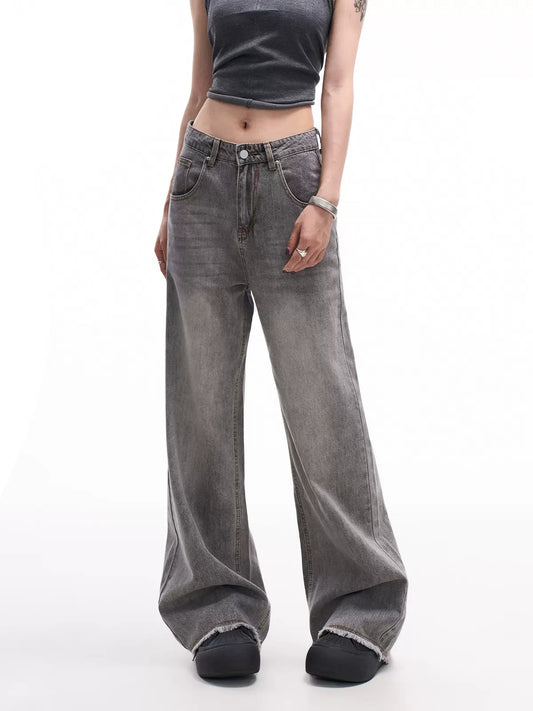 High Waisted Loose Raw Hem Jeans