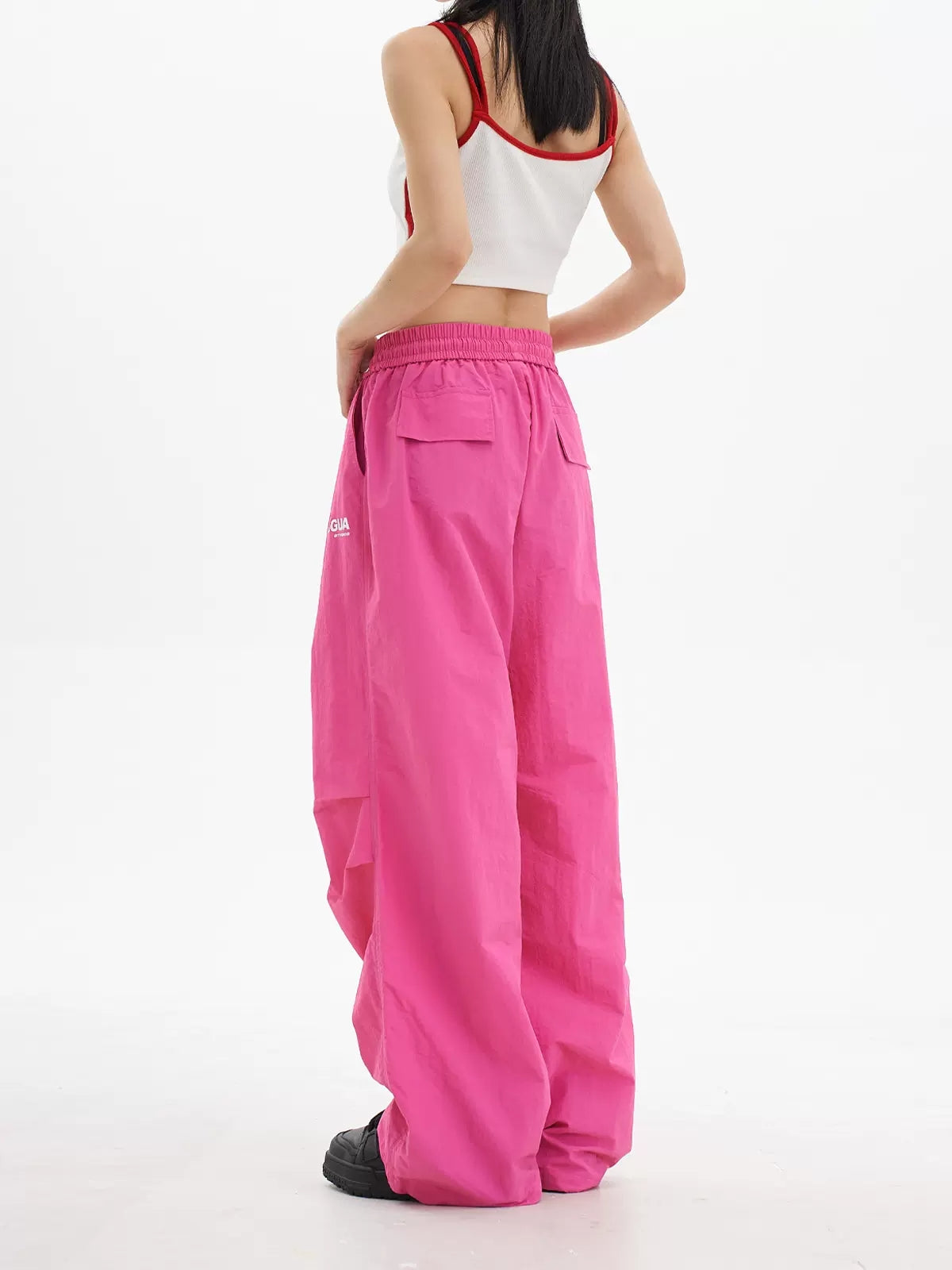 Loose High Waist Elasticized Drawstring Casual Pants Rose Red