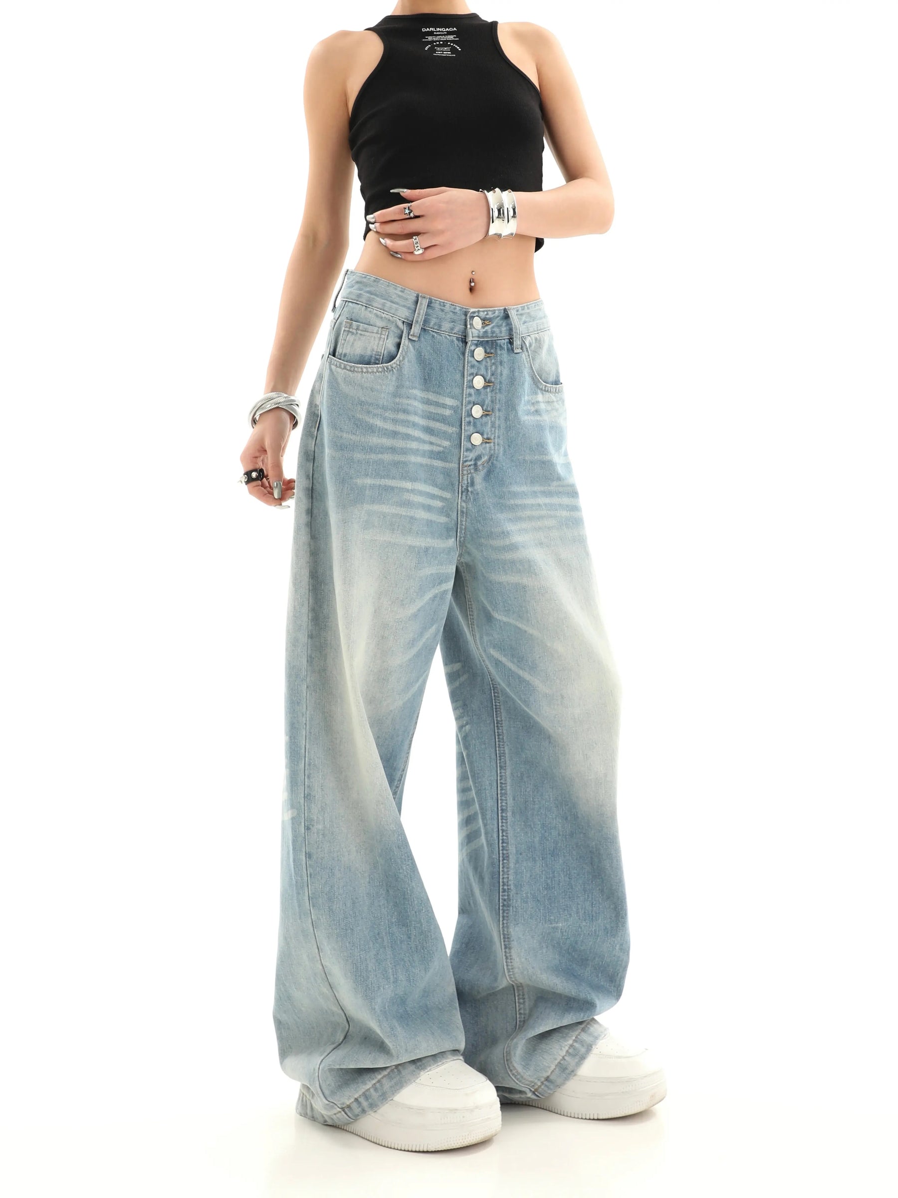 Multi-Row Button High Waist Loose Light Color Denim Jeans