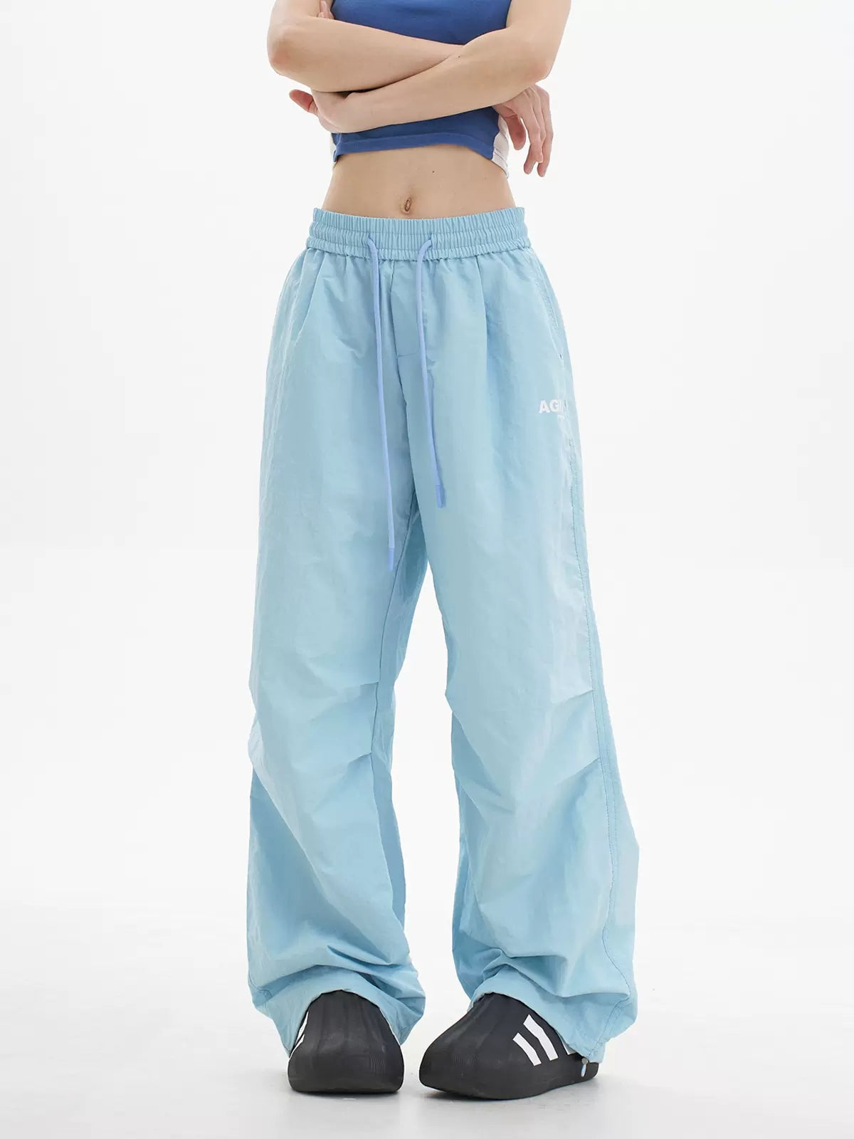 Blue Loose Casual Wide Leg Drawstring Pants