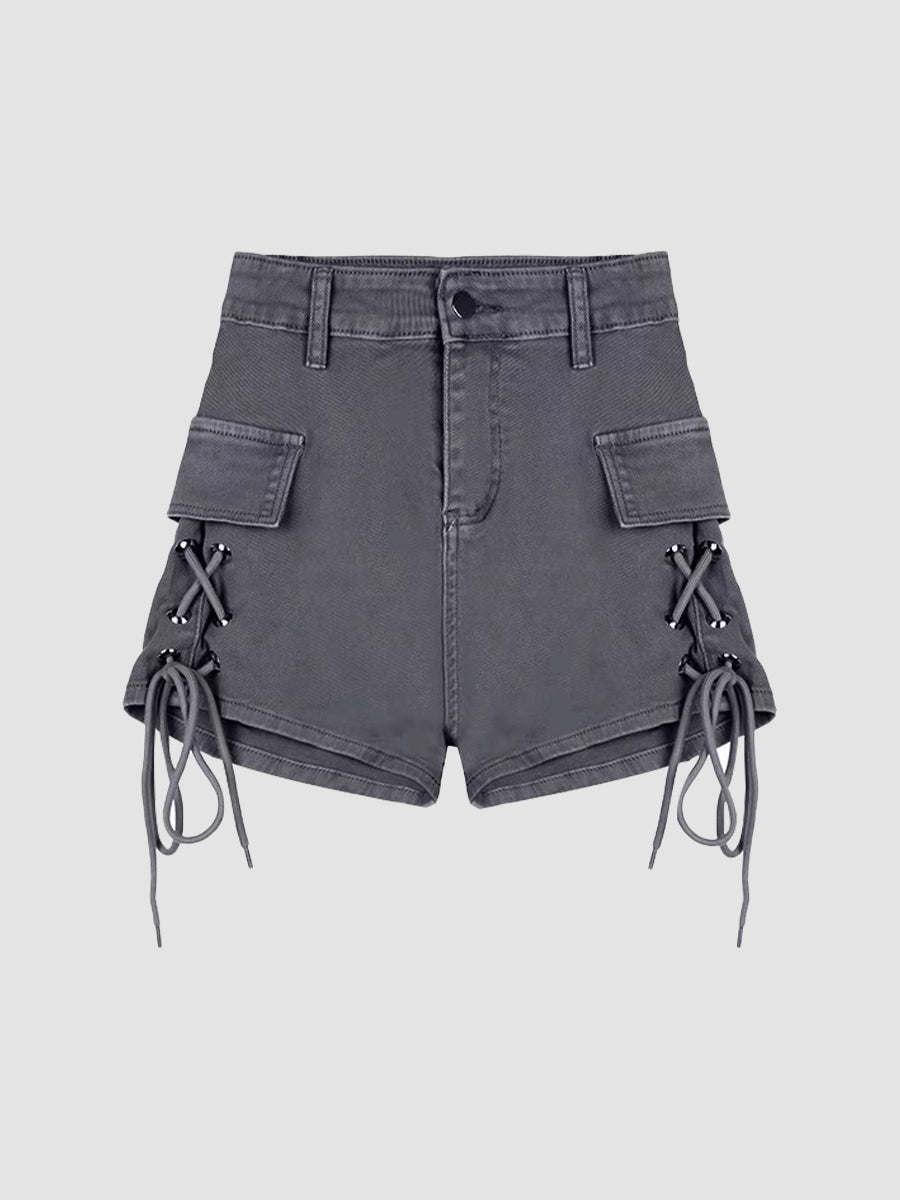 Solid Color Drawstring Fake Pocket Deco Denim Shorts