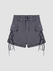 Solid Color Drawstring Fake Pocket Deco Denim Shorts