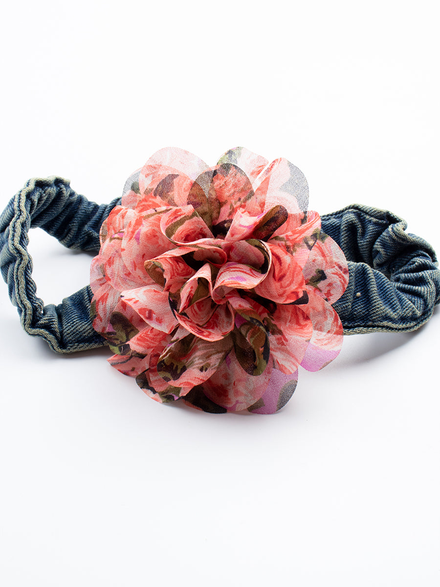 Rose Floral Patchwork Denim Irregular Dress with Floral Choker Necklace