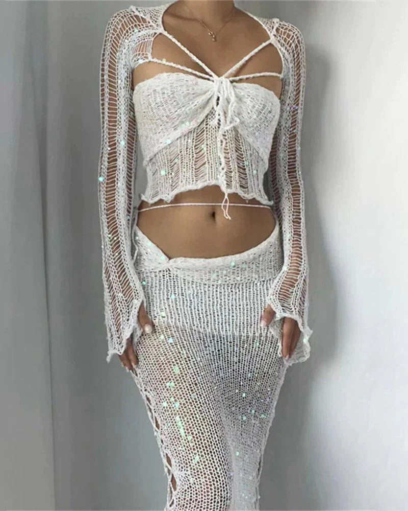 White Dazzling Crochet Short Skirt Coord Set