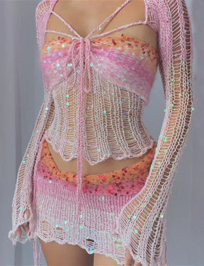 Blingbling Dazzling Crochet Short Skirt Coord Set