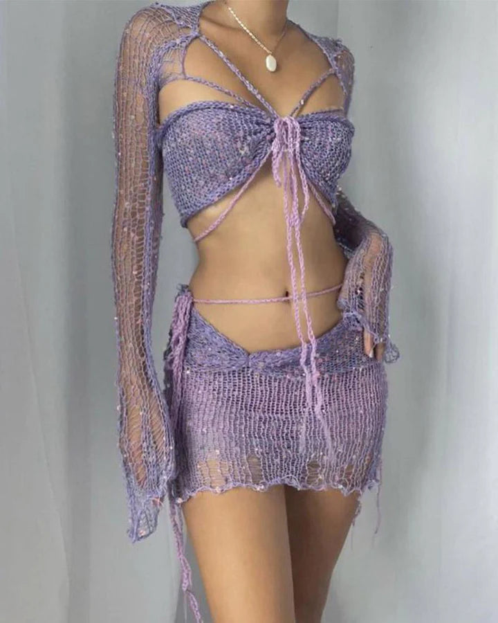 Dazzling Crochet Short Skirt Coord Set