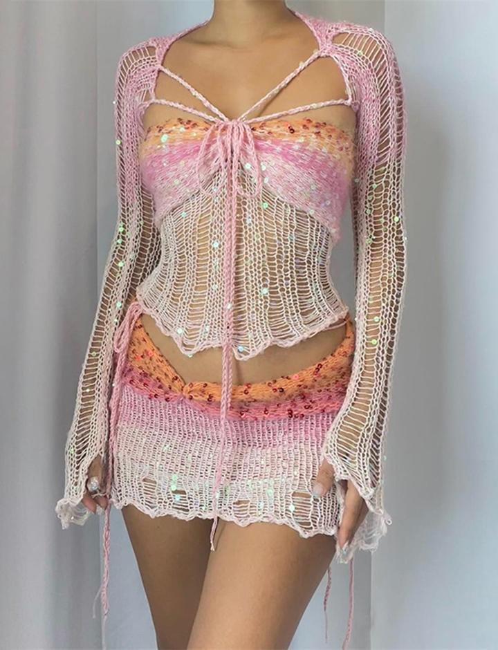 Blingbling Dazzling Crochet Short Skirt Coord Set