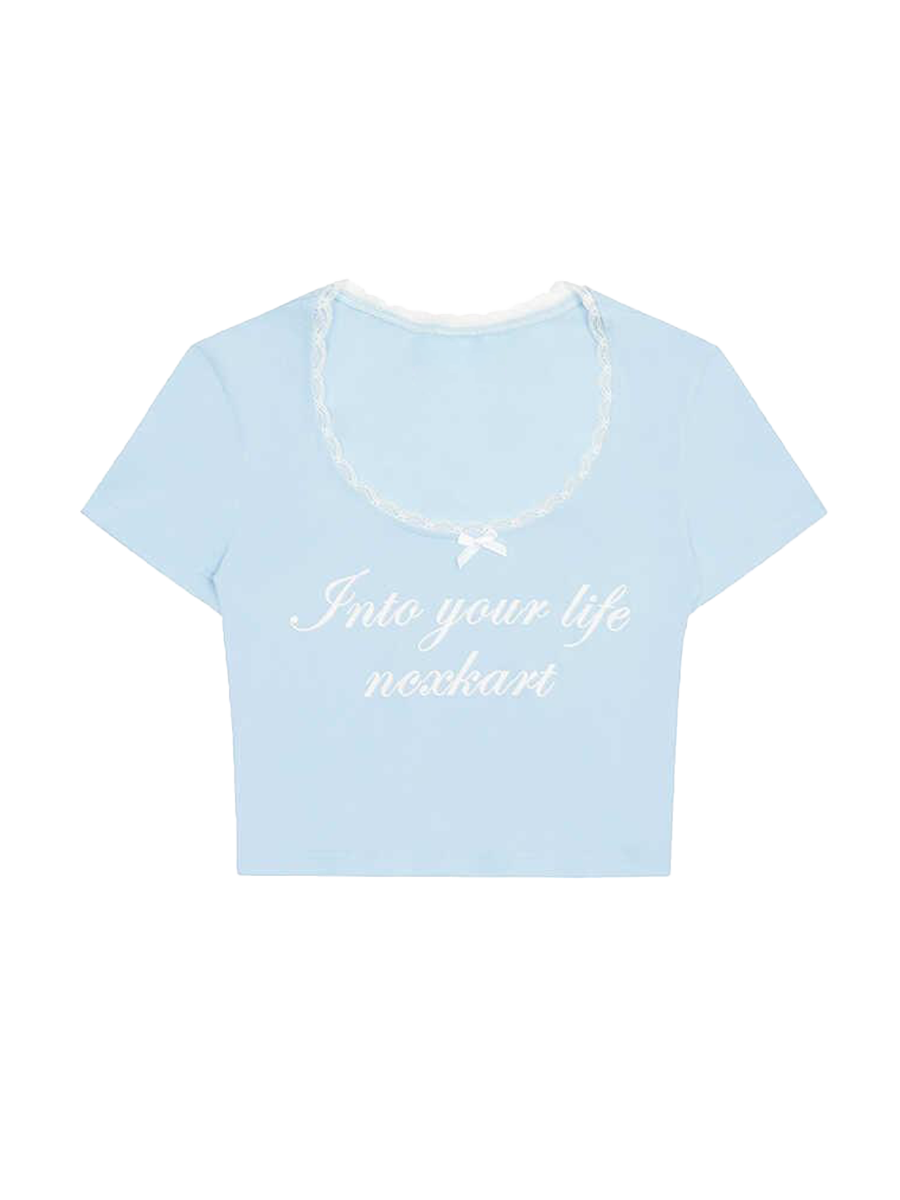 Solid Color Lace Patchwork Short Sleeve Crop Top