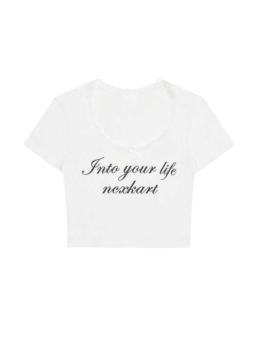 Solid Color Lace Patchwork Short Sleeve Crop Top