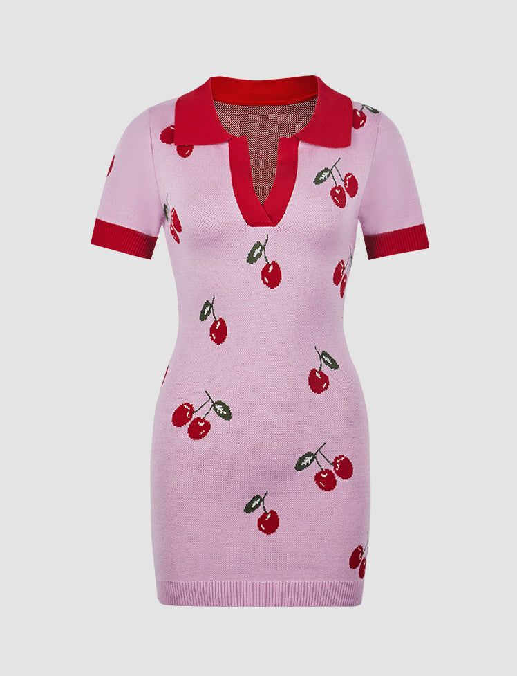 Cherry Knit Collar V Neck Mini Dress