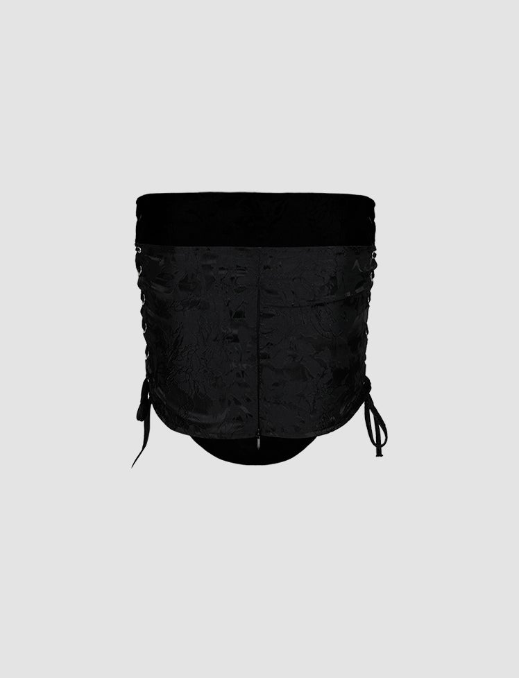 Black Straps Lace Tube Top&Stand Collar Waistcoat Two Piece Set