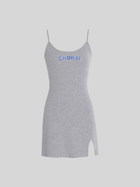 Gray Knitted Letter Camisole Dress