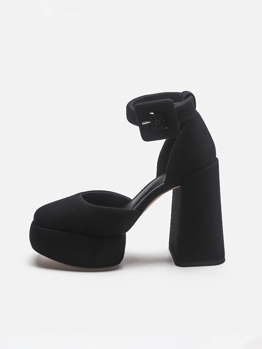 Knitted Ankle Strap Chunky Heeled Platform Pumps
