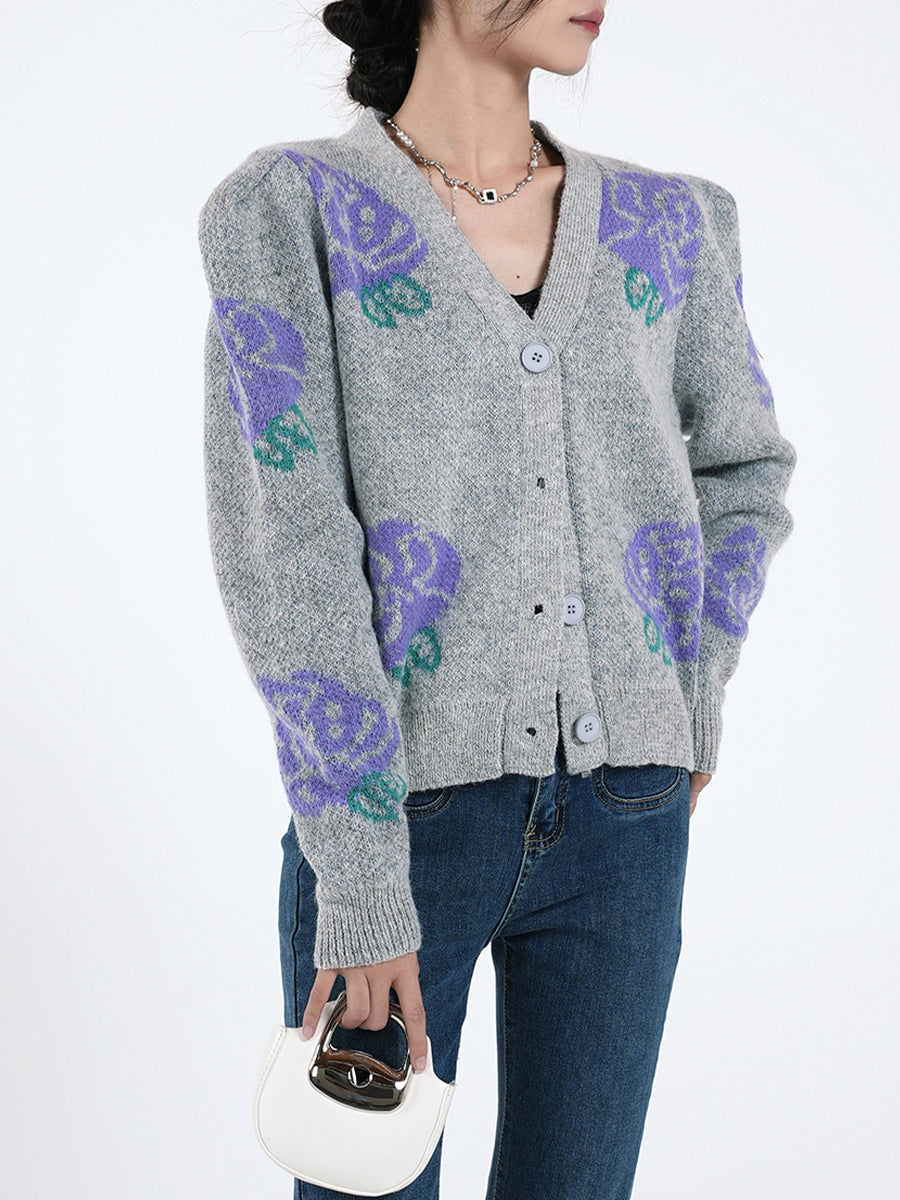 Purple Floral Knitted Cardigan
