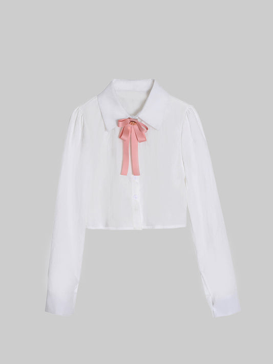 Pink Bow Tie White Shirt Top