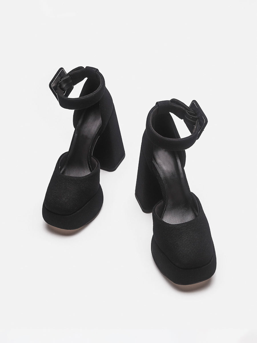 Knitted Ankle Strap Chunky Heeled Platform Pumps