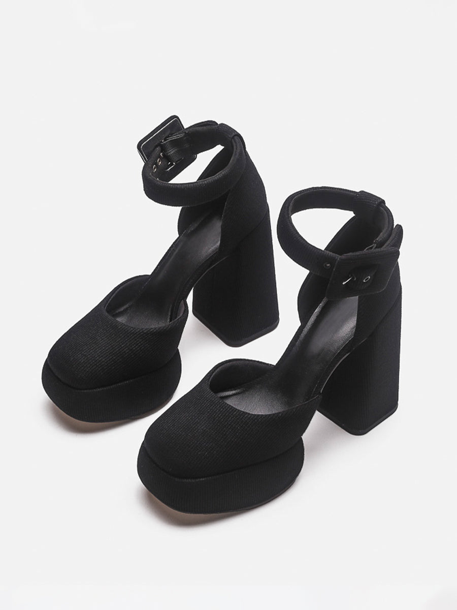 Knitted Ankle Strap Chunky Heeled Platform Pumps
