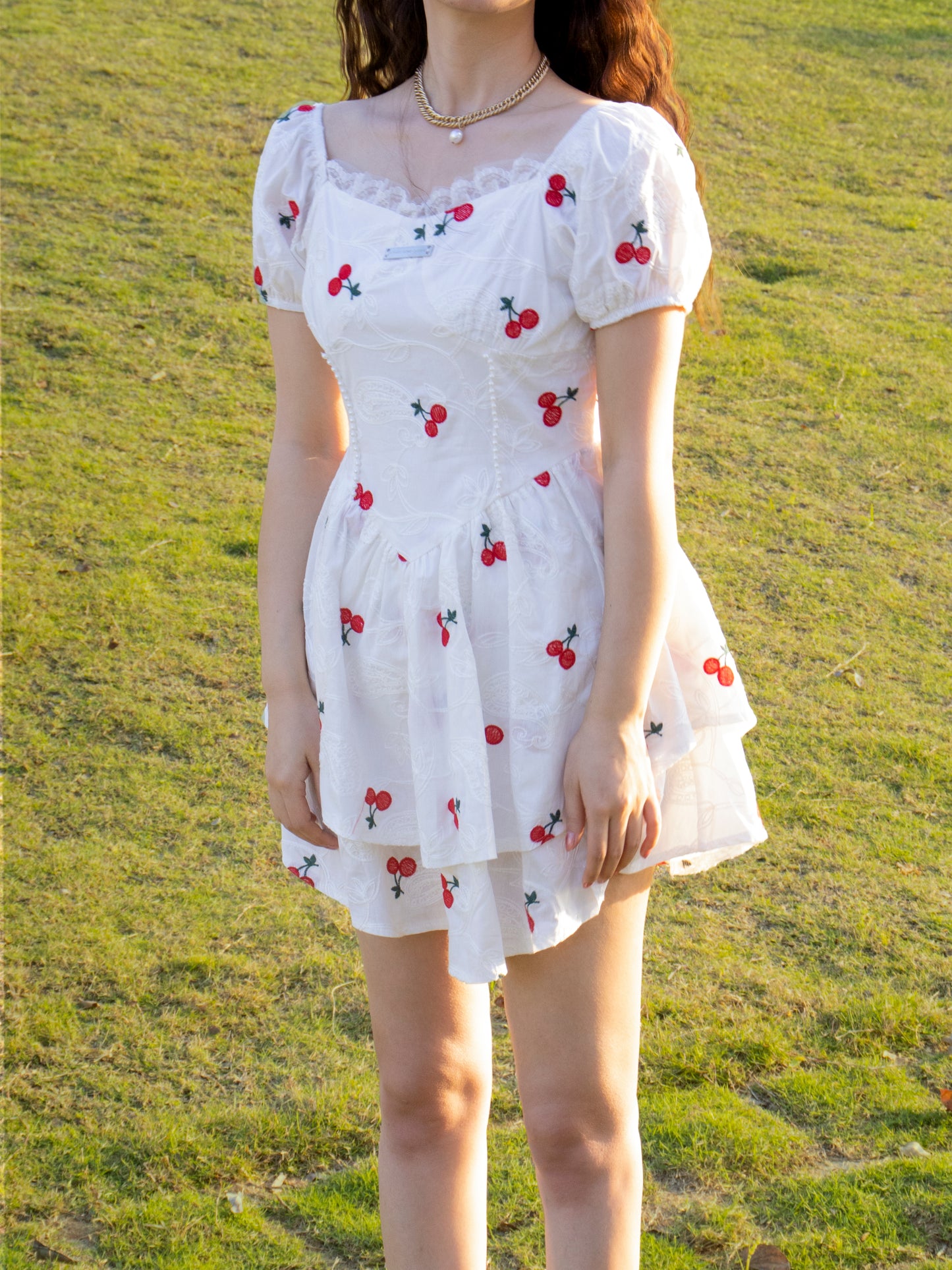 Embroidered Cherry White Dress