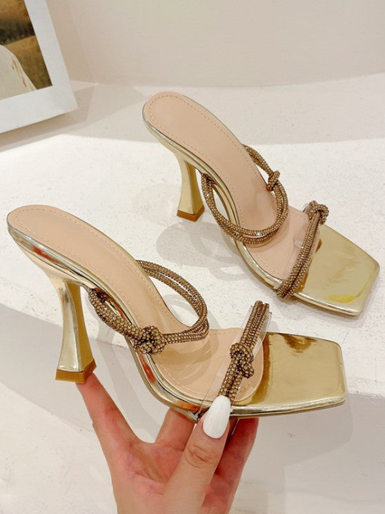 Rhinestone Decor Knot Detail High Heel Mule Sandals