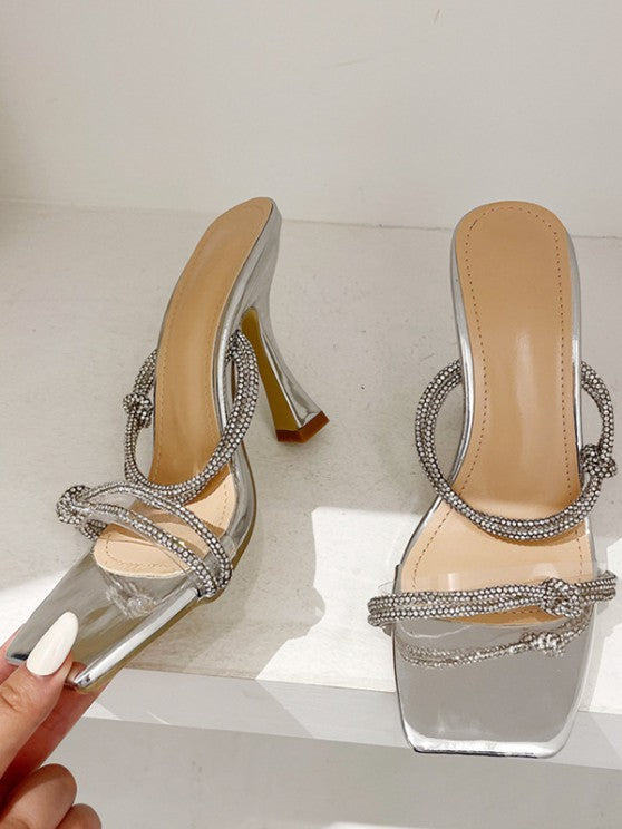 Rhinestone Decor Knot Detail High Heel Mule Sandals