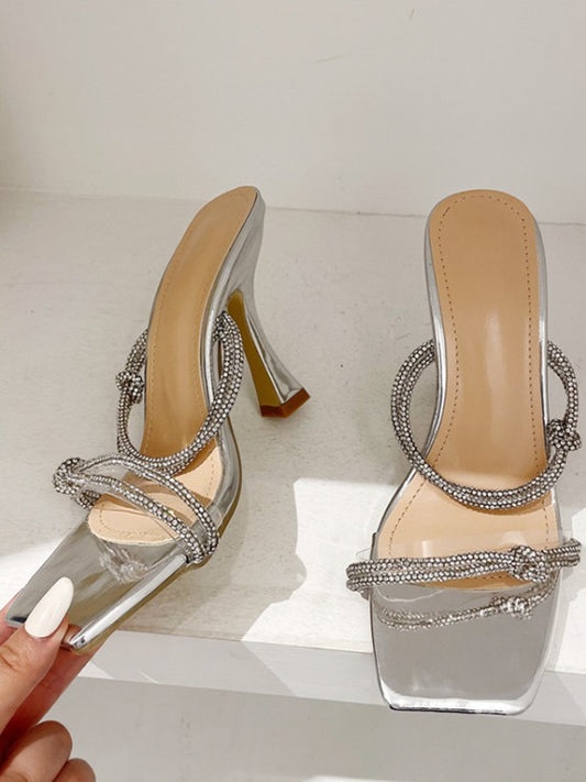 Rhinestone Decor Knot Detail High Heel Mule Sandals