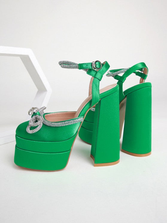Bow Tie Rhinestone Decor Knot Detail High Heel Mule Sandals