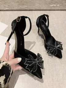 Faux Suede Rhinestone Bow Decor Ankle Strap Pumps