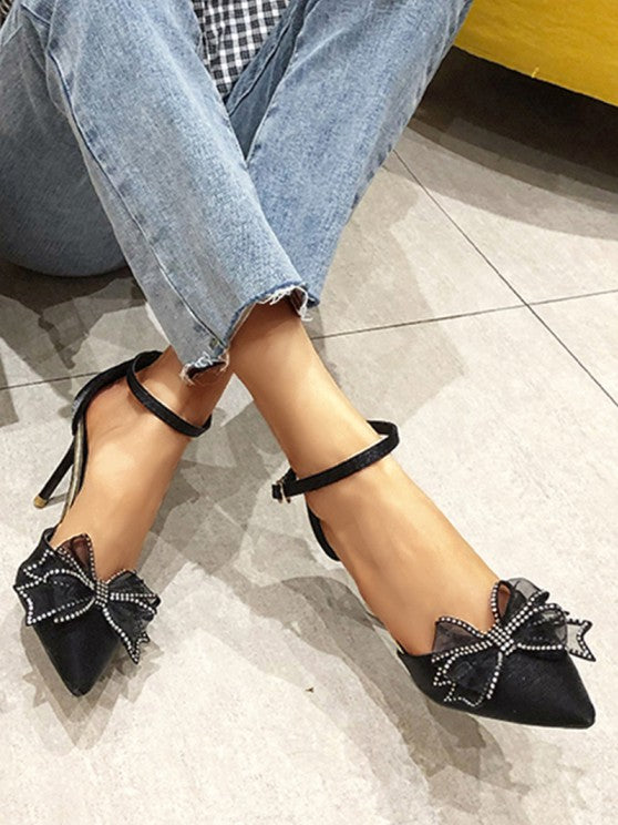 Faux Suede Rhinestone Bow Decor Ankle Strap Pumps