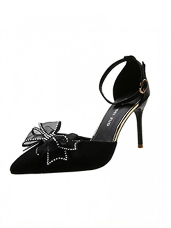 Faux Suede Rhinestone Bow Decor Ankle Strap Pumps