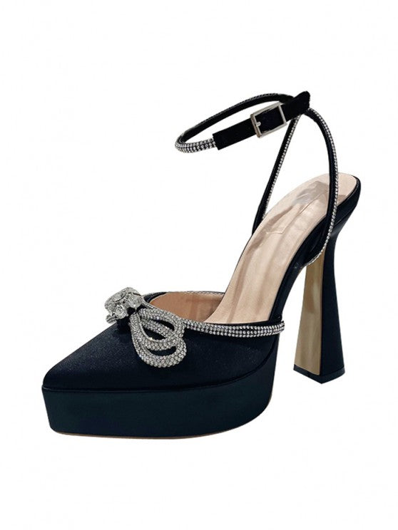 Ankle Strap Rhinestones Bow Detail Platform Heeled Sandals Pumps
