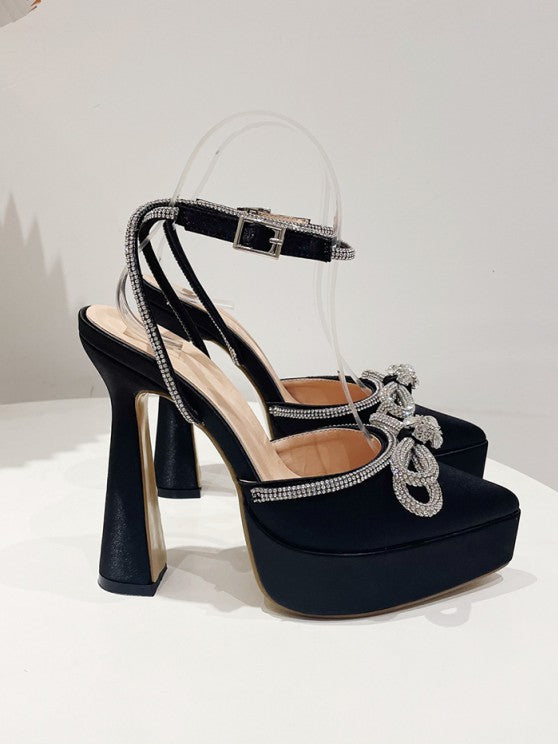 Ankle Strap Rhinestones Bow Detail Platform Heeled Sandals Pumps