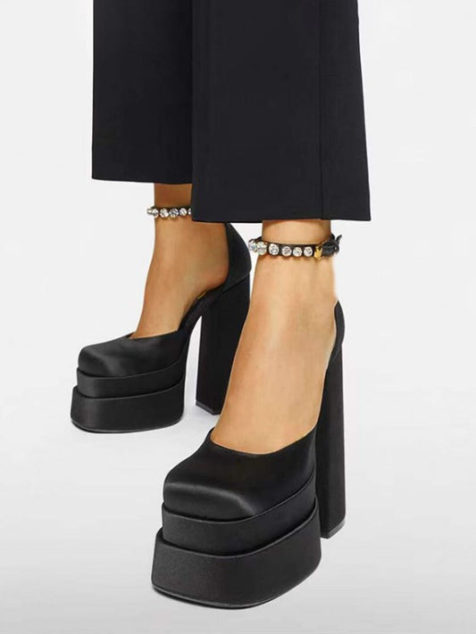 Satin Platform Chunky Heels Ankle Strap Pumps
