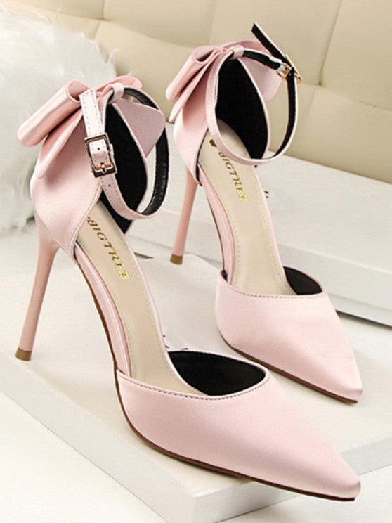 Silky Satin Bow Detail High Heeled Pointed Toe Pumps