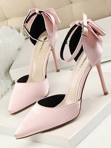 Silky Satin Bow Detail High Heeled Pointed Toe Pumps