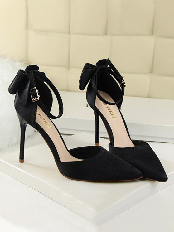 Silky Satin Bow Detail High Heeled Pointed Toe Pumps