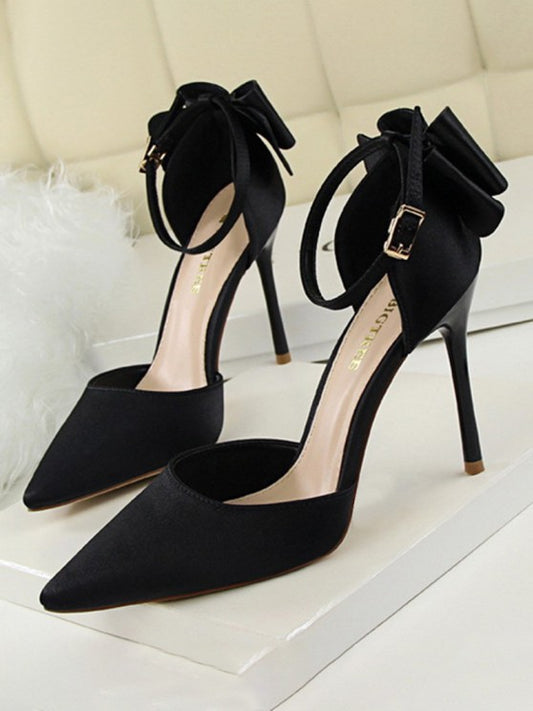 Silky Satin Bow Detail High Heeled Pointed Toe Pumps