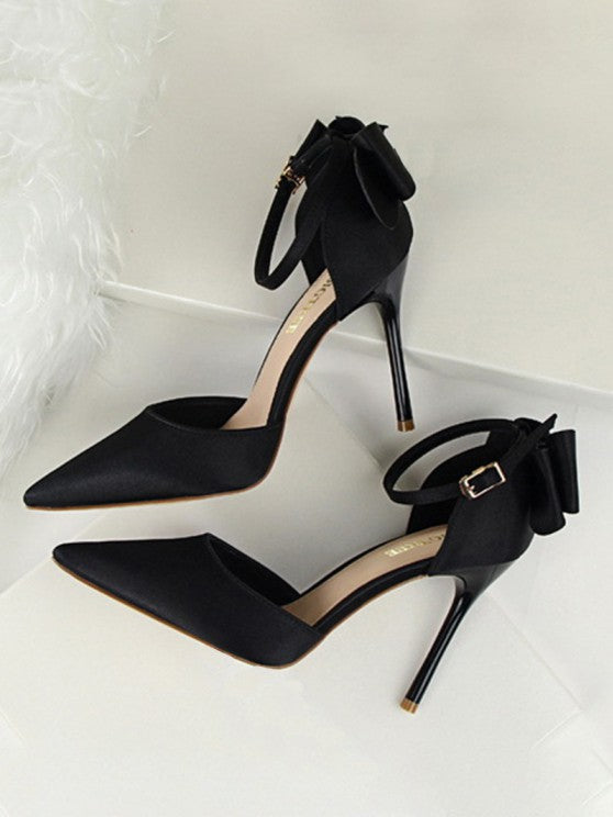 Silky Satin Bow Detail High Heeled Pointed Toe Pumps