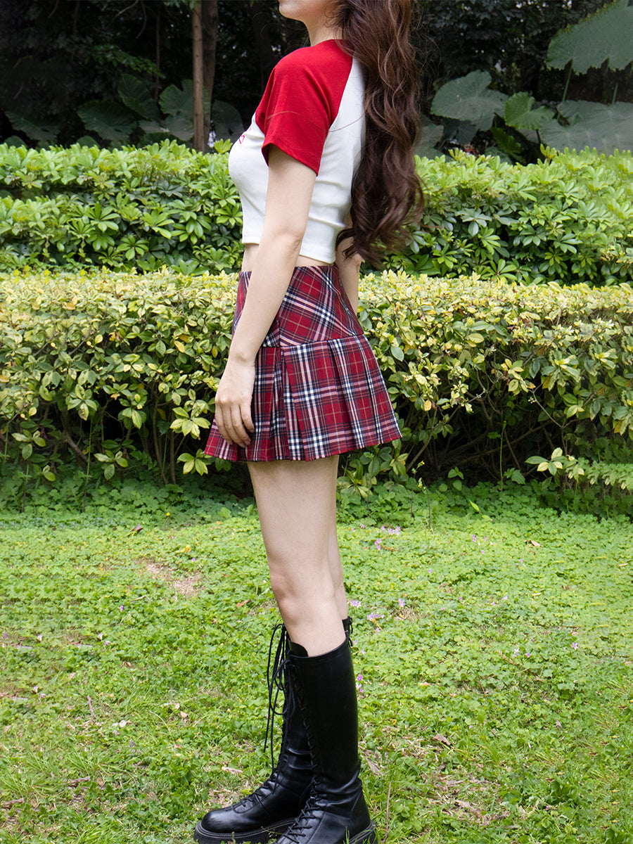 Red Plaid Pleated Skirt