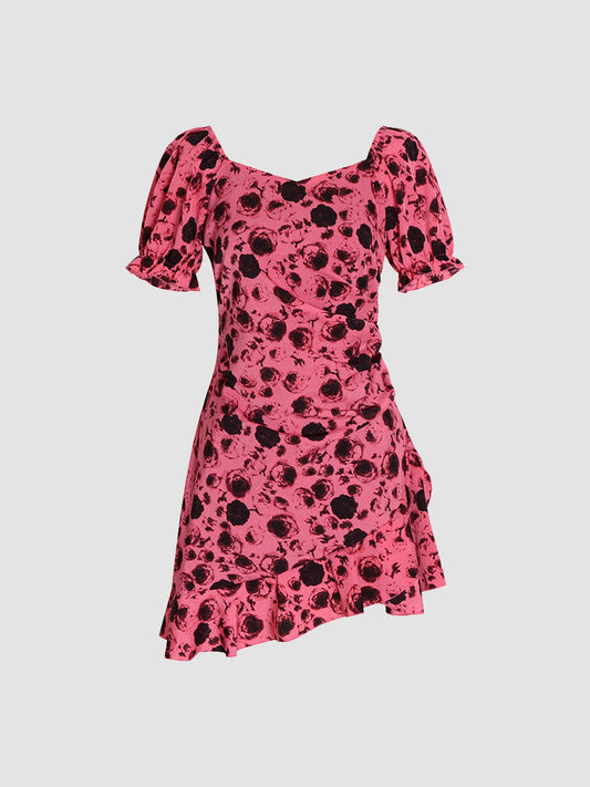 Floral Elegant Bubble Sleeve Rose Red Dress