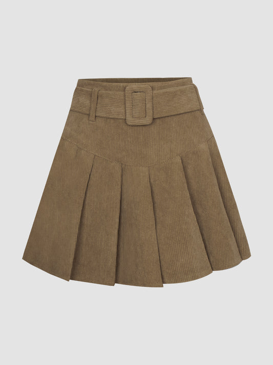 Corduroy Pleated Skirt with Belt